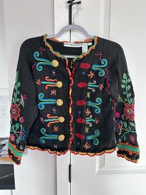 Michael Simon Vintage Embroidered Knit Jacket Black Colorful Artsy Boho Cardigan